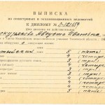 Выписка из семестровых и экзаменационных ведомостей к диплому за время пребывания в Ханты-Мансийском педагогическом училище Тюменской области с 1959 года по 1963 год Проскуряковой А.И.